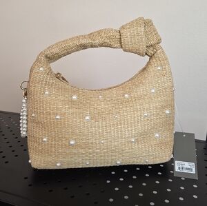 Crown Vintage Beige Woven Shoulder Bag with Pearl Details